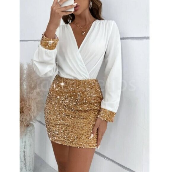 2 in 1 Party Dress White Top Sewn Together with Gold Sequin Skirt Mini - Picture 6 of 11